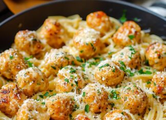 Фрикадельки в сметанном соусе с макаронами на сковороде