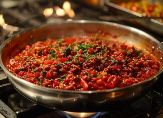 Фарш с томатной пастой на сковороде