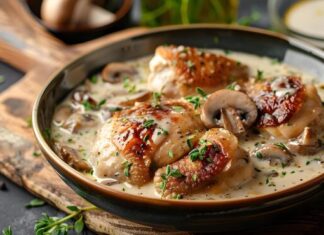 Курица в сливочном соусе с грибами на сковороде