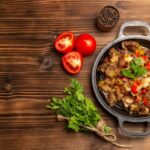 Куриная печень с помидорами и луком на сковороде