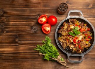 Куриная печень с помидорами и луком на сковороде