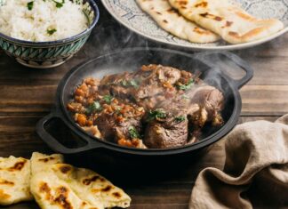 Плов со свининой в кастрюле на плите